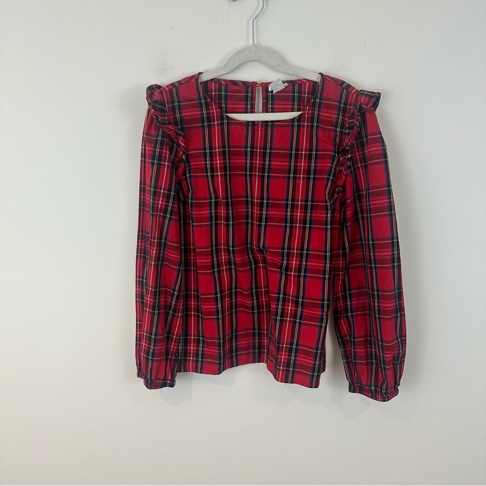 Crewcuts Red Plaid Button-Back Blouse Christmas Holiday Size 12 Ruffle